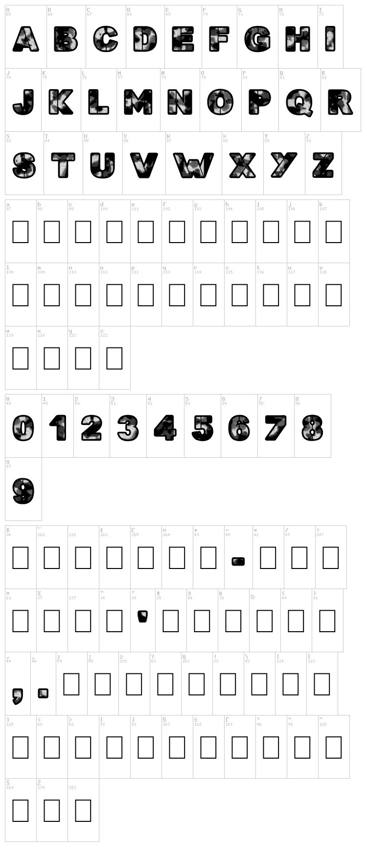 Search'n Destroy font map